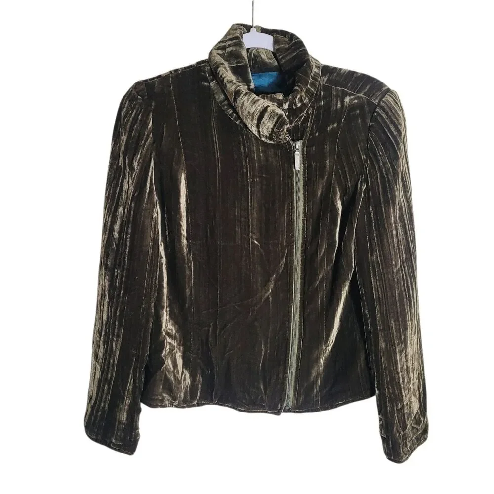 J. Peterman Velvet Moto Jacket Women's Sz 4 Green Rayon Silk Blend Formal Career